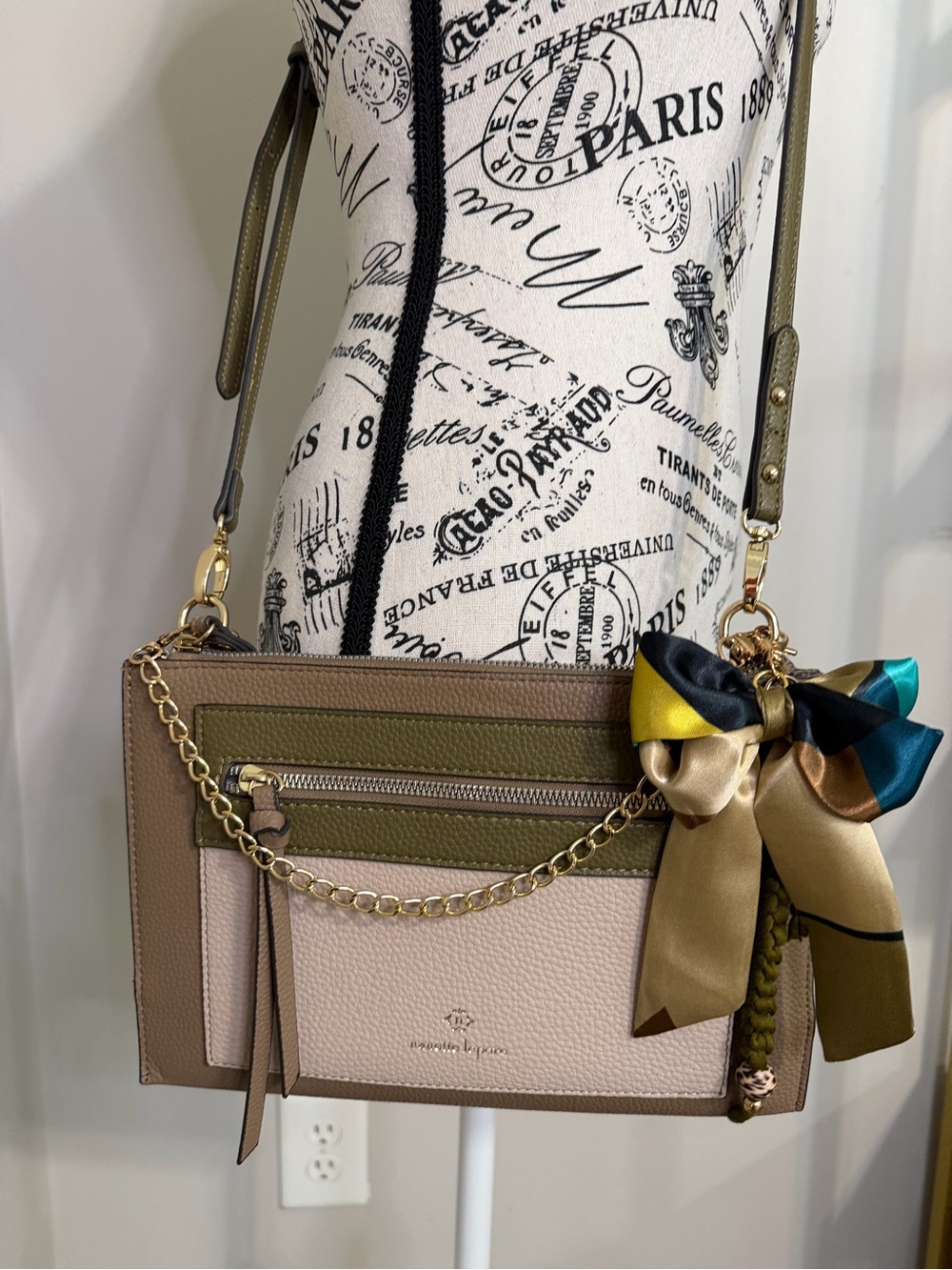Nanette Lepore Colorblock Crossbody in Olive, Taupe & Cream